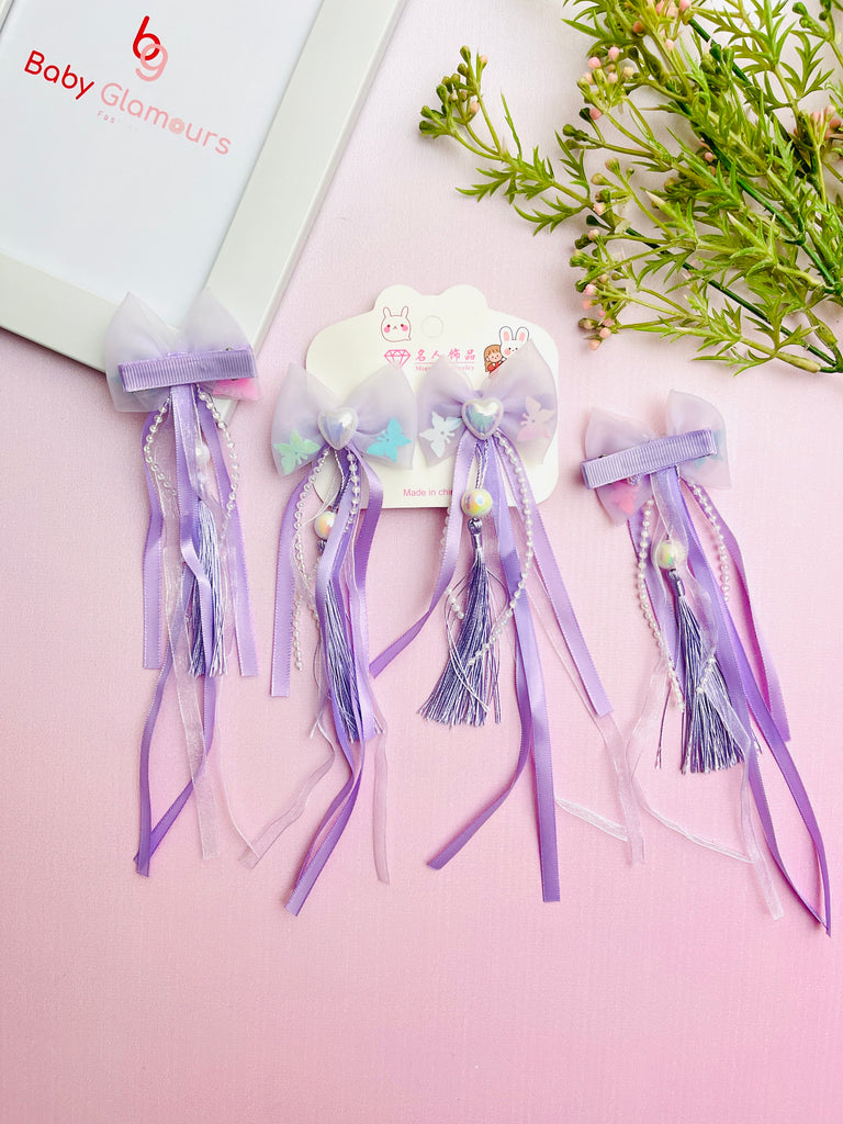 2pcs Sequin Heart Net Bow With Pearl Tassel Hair Clip